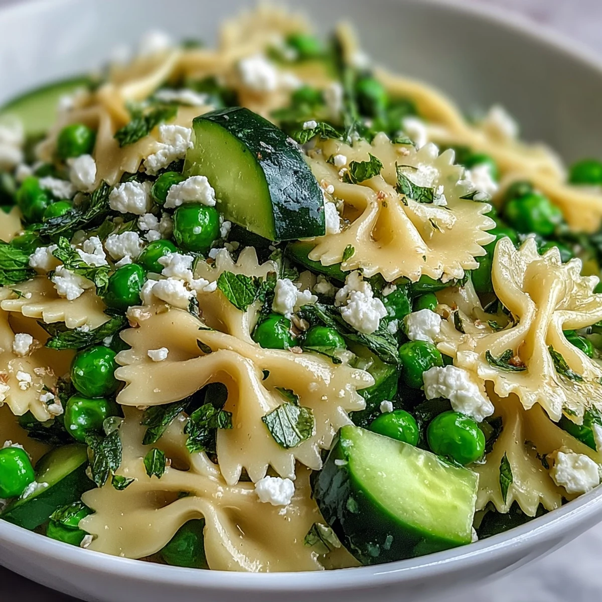 Fresh Spring Pea and Mint Pasta Salad glistening with lemon vinaigrette and crumbled feta, served in a white bowl.