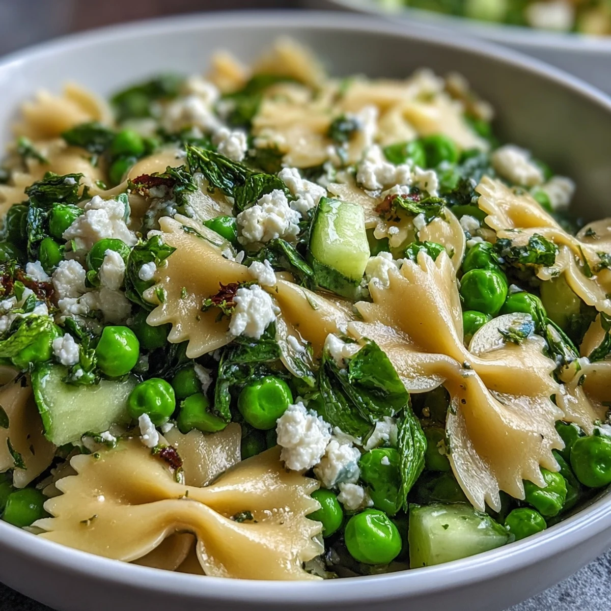 Bright bowl of Fresh Spring Pea and Mint Pasta Salad featuring crisp cucumbers, spring onions, and herbs.
