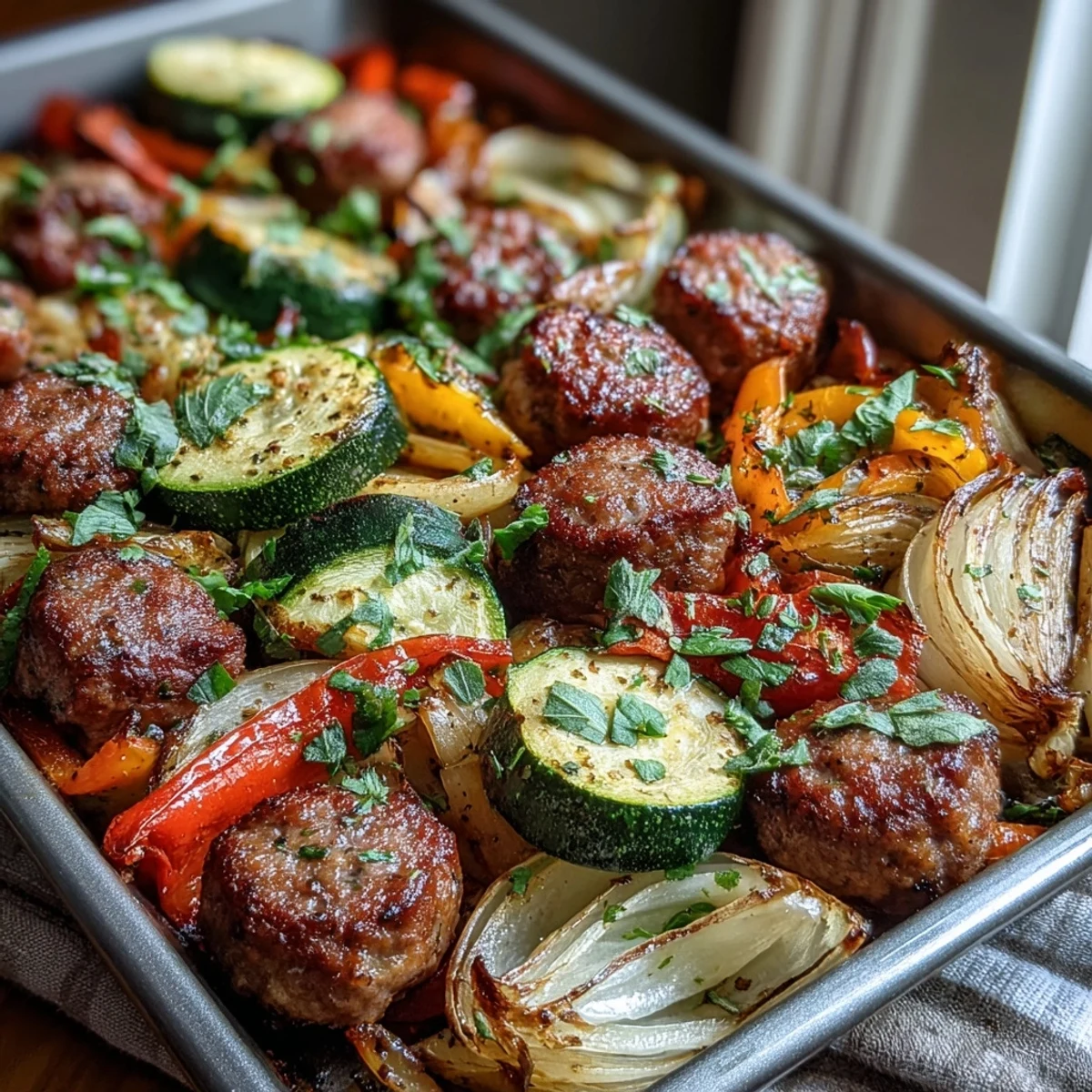 Sheet Pan Italian Sausage with Peppers and Zucchini roasted with caramelized onions and served hot from the oven.