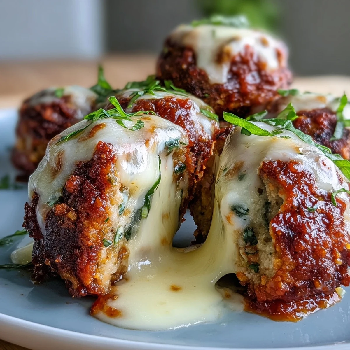 Golden-brown Baked Spicy Chicken Parm Meatballs simmer in rich marinara sauce, topped with gooey, melted mozzarella cheese.