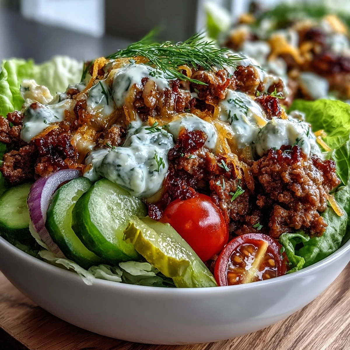 A close-up of High-Protein Cheeseburger Bowls with seasoned ground beef, melted cheddar, pickles, and tomatoes on crisp lettuce.