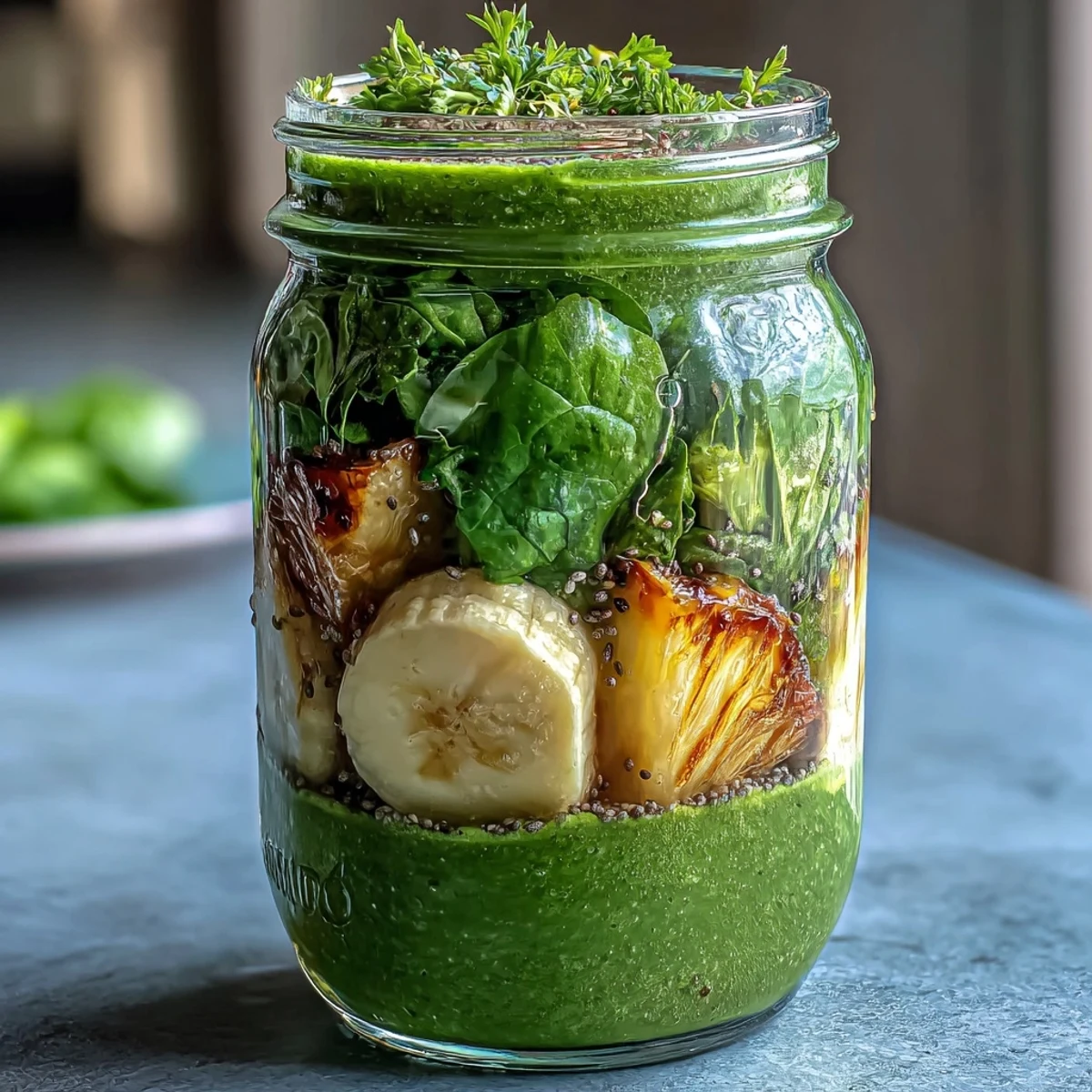 Bright green smoothie meal prep jars filled with pineapple, banana, spinach, and chia seeds—nutritious and easy to blend anytime.