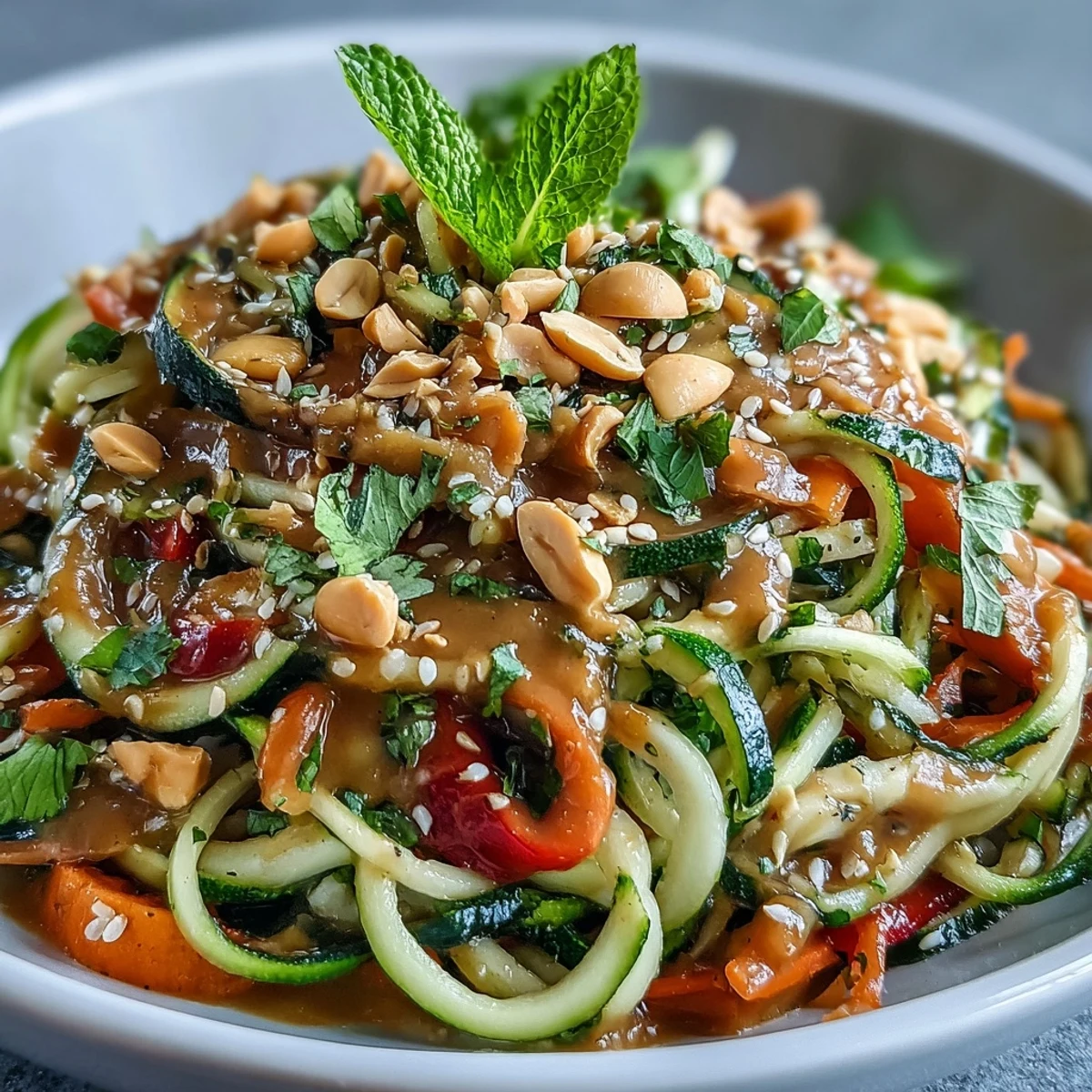 Colorful spiralized zucchini and vegetable ribbons tossed in tangy Thai peanut sauce, topped with crunchy peanuts.  