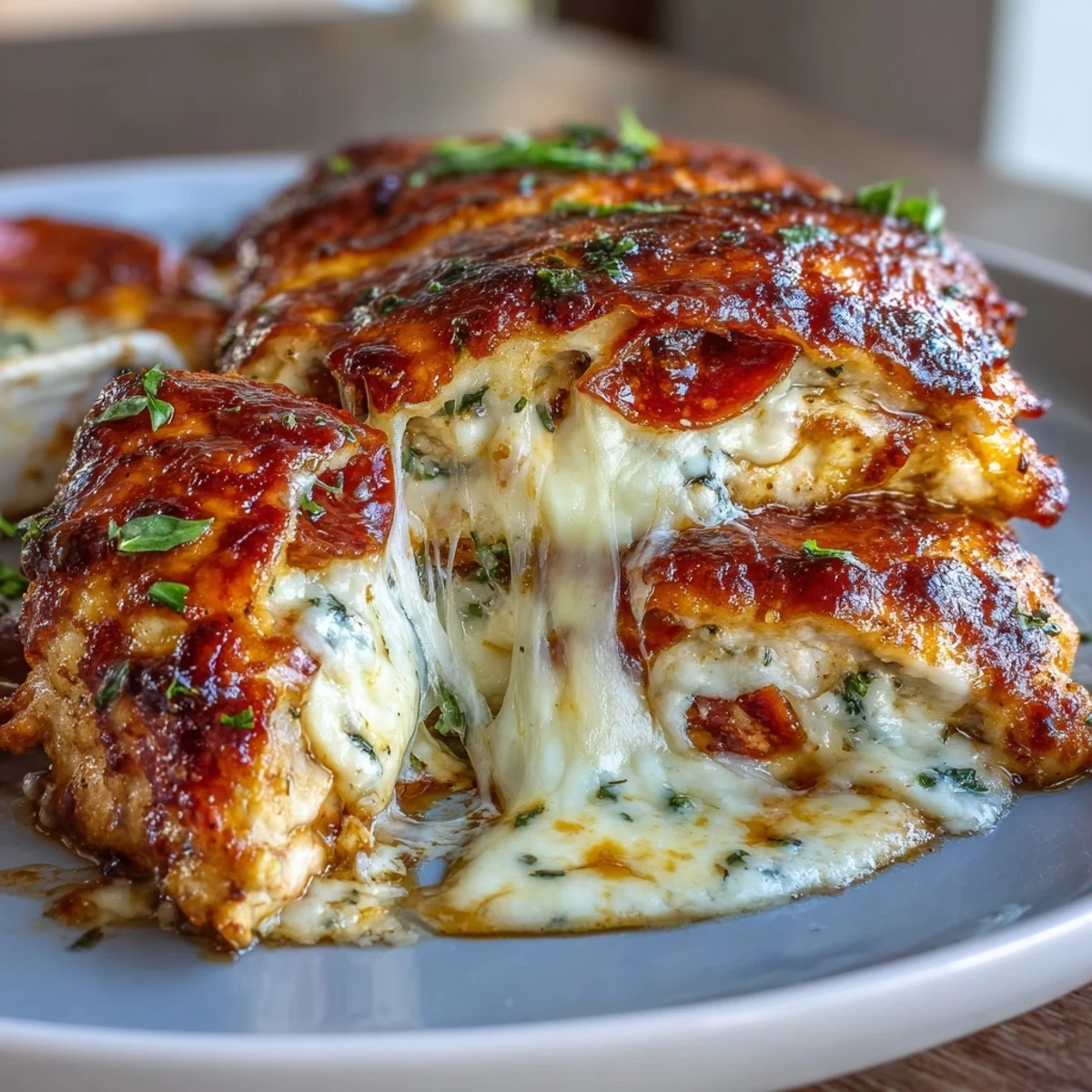 5-Ingredient Keto Pizza-Stuffed Chicken Breasts with melted mozzarella, pepperoni, and marinara sauce baked in a skillet for a low-carb dinner.