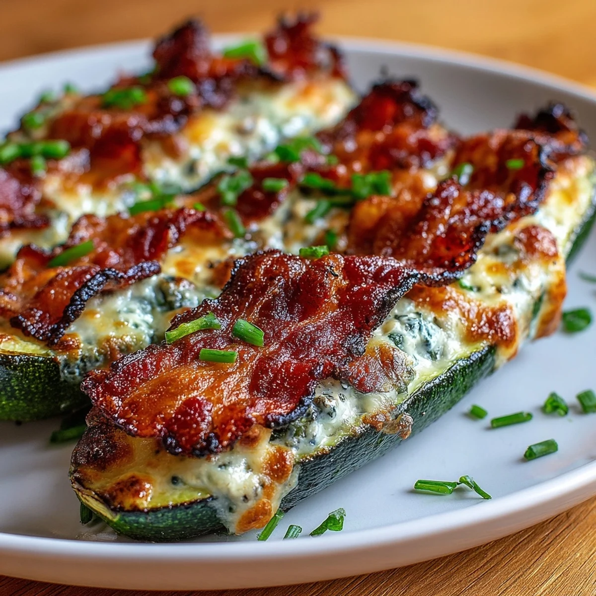 Savory zucchini halves stuffed with creamy herb cheese, wrapped in crispy bacon for a delicious keto-friendly meal.  