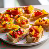 Freshly baked Bruschetta toasts arranged diagonally, with juicy tomato topping and a drizzle of oil.