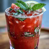 Bright pink watermelon lemonade with lemon slices and mint leaves in a pitcher.  
