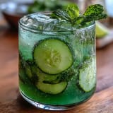 Vibrant Sparkling Cucumber Mint Lemonade Mocktail with ice and garnish.