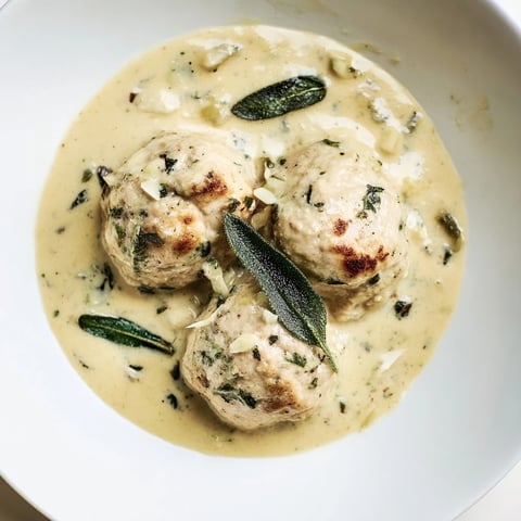 Easy turkey meatballs in pumpkin sage sauce, plated with creamy sauce, ready to savor.
