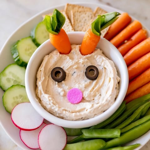 Creamy, cheesy Piggy Face Dip Bowl surrounded with vibrant veggies and pretzel dippers ready to enjoy.