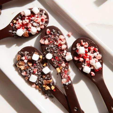 Hot chocolate spoon toppings board with various treats for dipping into creamy hot milk.