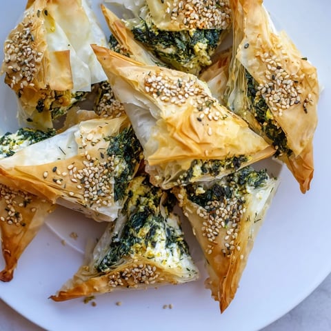 Golden, crispy Mini Spanakopita Triangle clusters reveal a cheesy, herb-filled spinach interior.