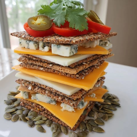 A Southwest Mesa appetizer showcasing layered cheeses, crackers, and vibrant Southwest garnishes.