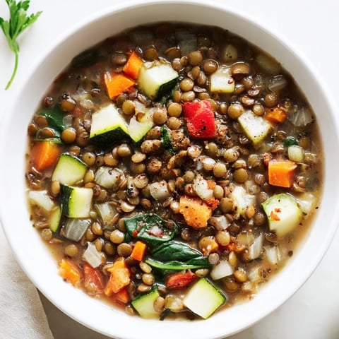 A steaming bowl of Lentil and Vegetable Soup, topped with fresh parsley and a lemon wedge, ready to serve with crusty bread.