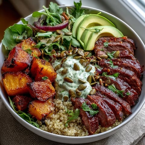 Golden-roasted butternut squash steak bowls feature smoky seared beef slices over fluffy quinoa with creamy avocado.