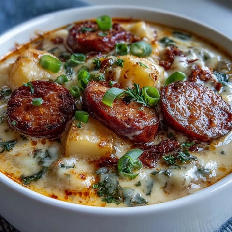 Creamy Cajun Potato Soup with Andouille Sausage is ladled steaming from the pot, showcasing tender potato chunks, smoky sausage slices, and flecks of vegetables under a rich, velvety broth.