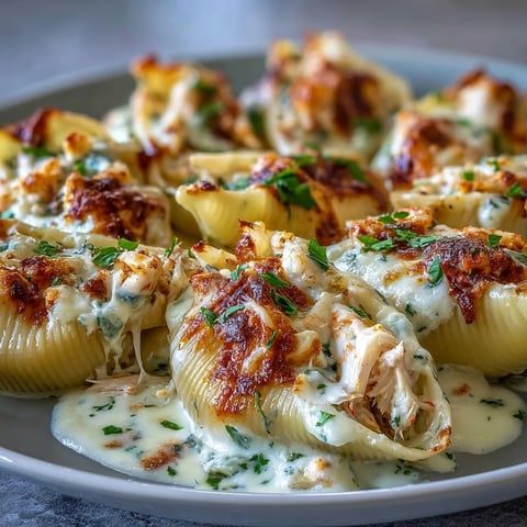 Creamy Seafood Stuffed Shells sit in a white baking dish, their tender pasta ridges peeking out from a golden, bubbly Parmesan cheese sauce.