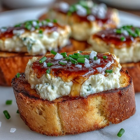 Golden-brown toasted baguette slices topped with creamy goat cheese and drizzled with spicy hot honey.
