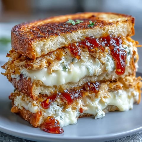 Golden, crispy sourdough sandwiches stuffed with shredded chicken, creamy goat cheese, and a spicy hot honey drizzle.