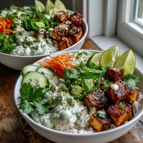 Crispy tofu cubes top fluffy jasmine rice and vibrant quick-pickled veggies in a banh mi bowl. 