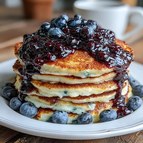 Golden-brown High-Protein Greek Yogurt Pancakes topped with a vibrant blueberry compote and fresh berries.
