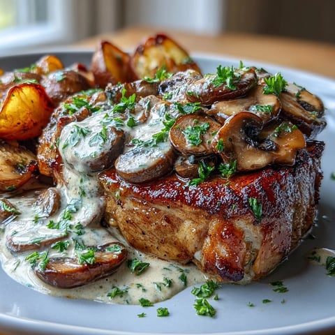 Juicy bone-in pork chops coated in creamy garlic mushroom sauce, served with golden roasted radishes for a satisfying keto dinner.