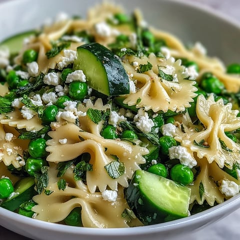 Fresh Spring Pea and Mint Pasta Salad glistening with lemon vinaigrette and crumbled feta, served in a white bowl.