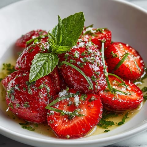 Close-up of ruby red Marinated Strawberries with Lime and Basil, glistening with lime juice.