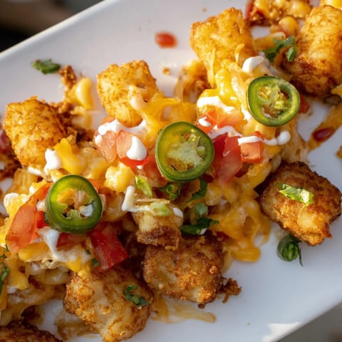Creamy Mac and Cheese Tex-Mex Tater Tots appetizer topped with sour cream and salsa.