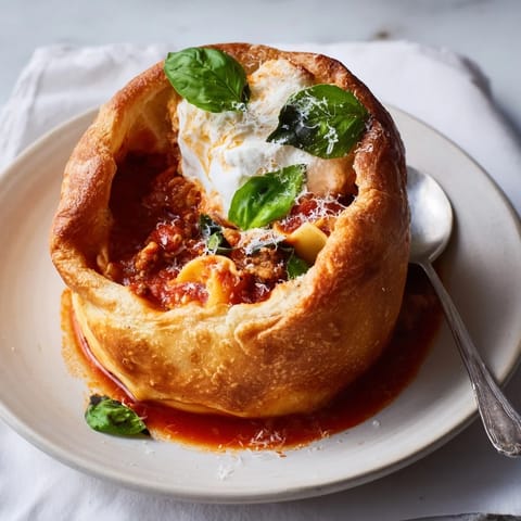 Delicious lasagne soup served in crispy croissant bowls, perfect for cozy dinners.  