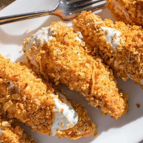 Golden-brown Crack Chicken Tenders topped with cheesy goodness and a crispy coating.  