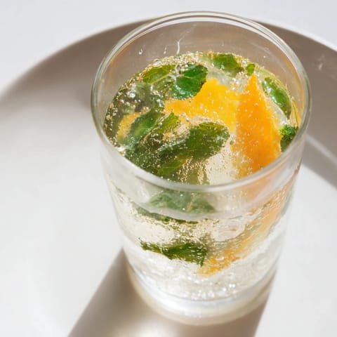 Homemade probiotic soda mocktail served over ice with vibrant orange slices.  