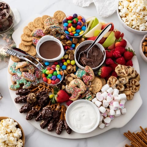 Festive dessert board with sweet bites, chocolate, and fresh fruits for delightful sharing.  