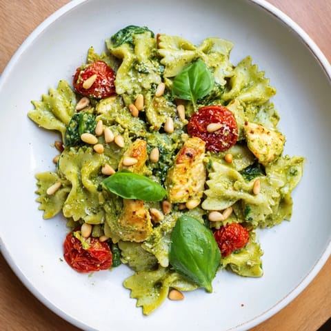 Bowtie pasta coated in pesto sauce with chicken and tomatoes, a delicious Italian-American meal.