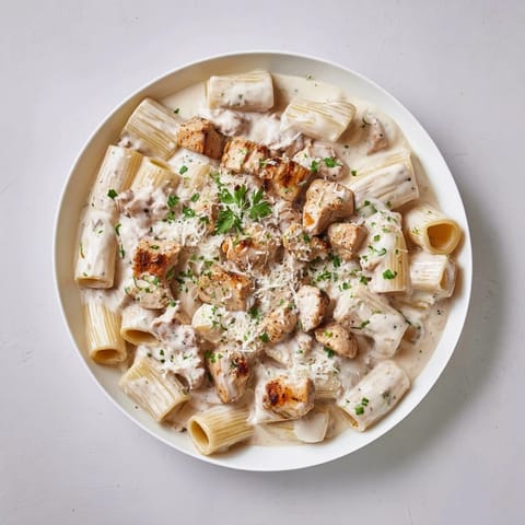 Golden chicken and perfectly cooked rigatoni in a rich, creamy garlic Parmesan sauce.