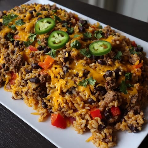A close-up of a sizzling Tex-Mex Beef & Rice Casserole, showcasing the layered textures and savory aromas.