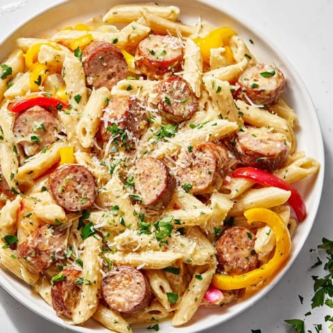 This photo features a steaming bowl of Cajun Spiced Smoked Sausage Alfredo, ready to serve with Parmesan.