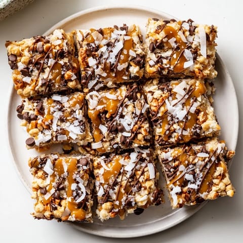 Delicious, gooey 7-Layer Magic Bars topped with a sea salt caramel swirl, ready to eat.