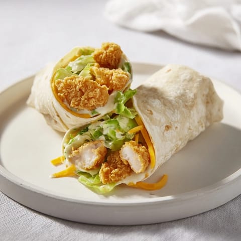 Close-up of a flavorful Crispy Chicken Ranch Snack Wrap; tender chicken with fresh ingredients bundled inside.