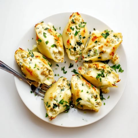 Creamy High-Protein Cottage Cheese Alfredo Christmas Shells, stuffed with spinach and turkey, perfect for a festive dinner.