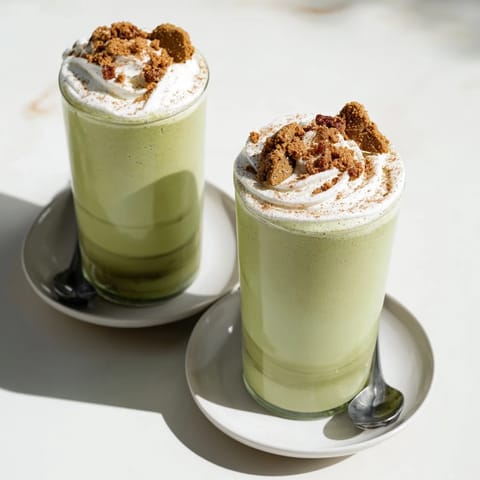 A tall, frosted glass reveals the layered Sugar-Free Gingerbread Cookie Matcha Frappe, ready to drink.