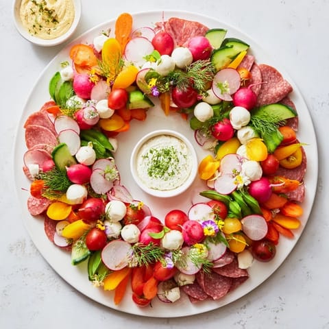 Spring Wreath Appetizer Platter arranged with fresh veggies, cheeses, and herbs, perfect for a gathering.