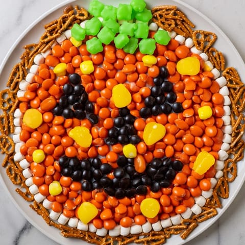 A cheerful Jack-o-Lantern Candy Board, overflowing with colorful candies for a fun, festive Halloween treat.