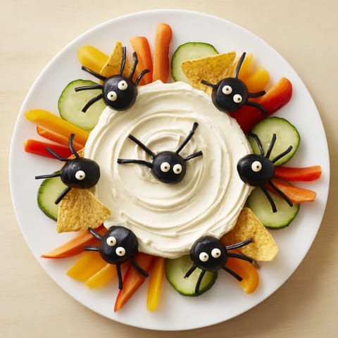 Creepy Crawly Spiderweb Platter, a spooky Halloween appetizer, featuring a creamy dip web.
