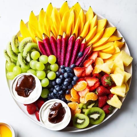 Vibrant Dragon Scales Fruit Board showcasing artfully arranged colorful fruits and sweet, dark chocolate.