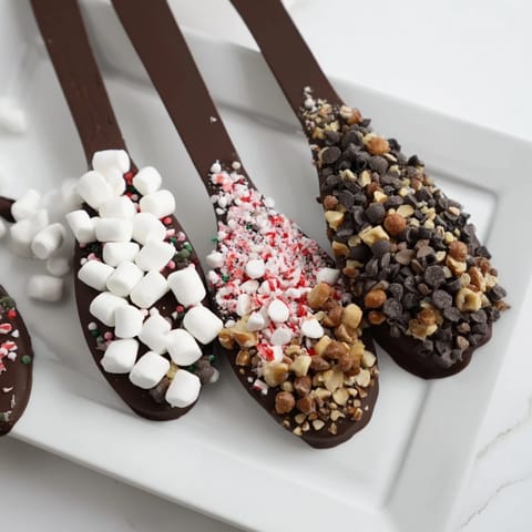 A delightful hot chocolate spoon toppings board; imagine colorful marshmallows alongside crushed peppermint.