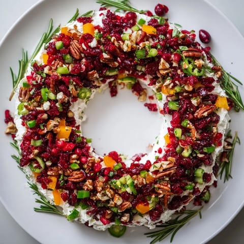 A close-up of a festive Cranberry Feta Dip Wreath, beautifully garnished and ready to serve.