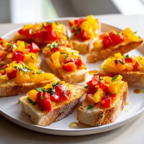 Freshly baked Bruschetta toasts arranged diagonally, with juicy tomato topping and a drizzle of oil.