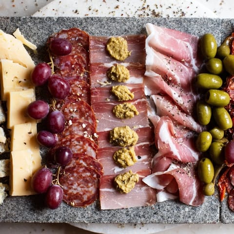 Eye-catching Industrial Slate charcuterie board, with mortadella and cheddar perfectly displayed for sharing.