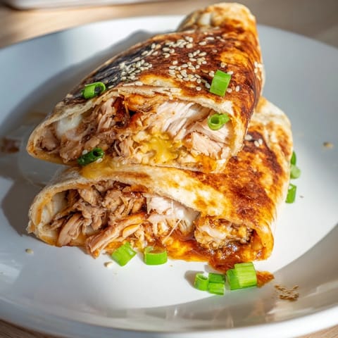 Crispy flour tortilla showcasing the delicious Korean BBQ Chicken Wrap Grilled Cheese, ready to eat!